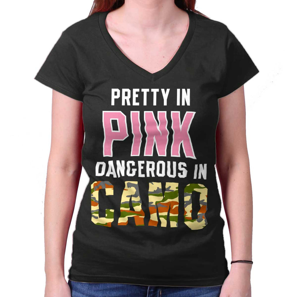 Black|Pretty in Pink Dangerous in Camo Junior Fit V-Neck T-Shirt|Tactical Tees