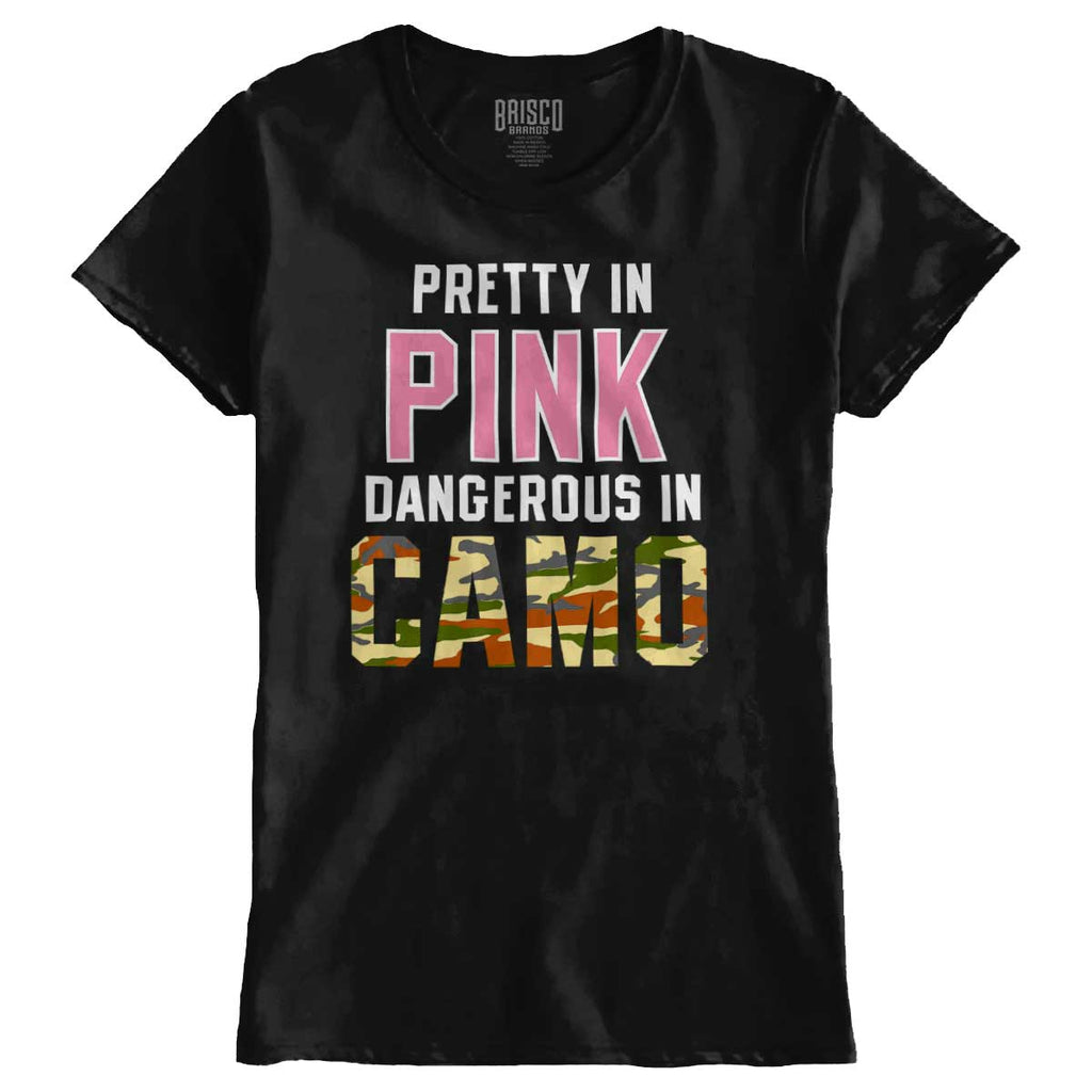 Black1|Pretty in Pink Dangerous in Camo Ladies T-Shirt|Tactical Tees