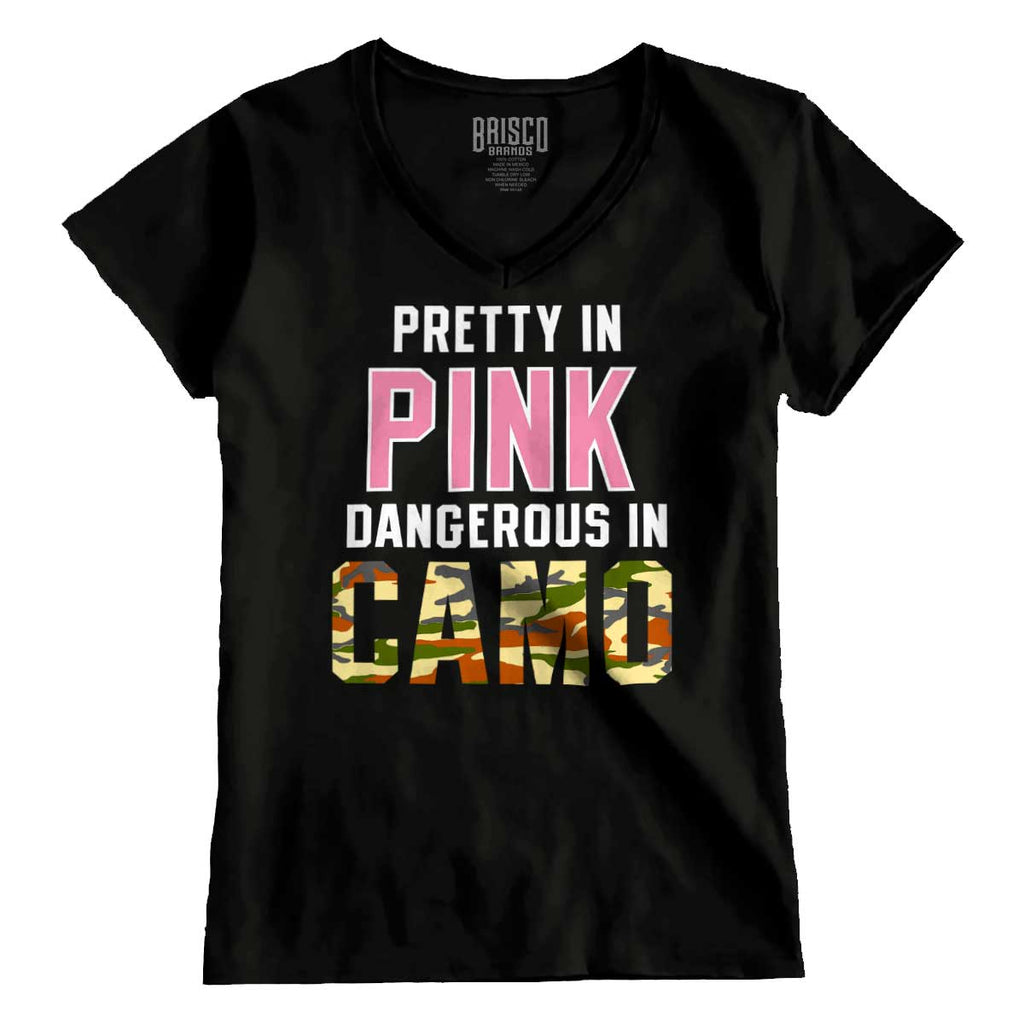Black1|Pretty in Pink Dangerous in Camo Junior Fit V-Neck T-Shirt|Tactical Tees