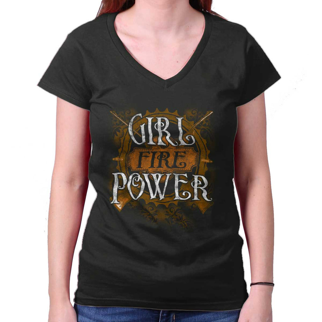 Black|Girl Fire Power Junior Fit V-Neck T-Shirt|Tactical Tees