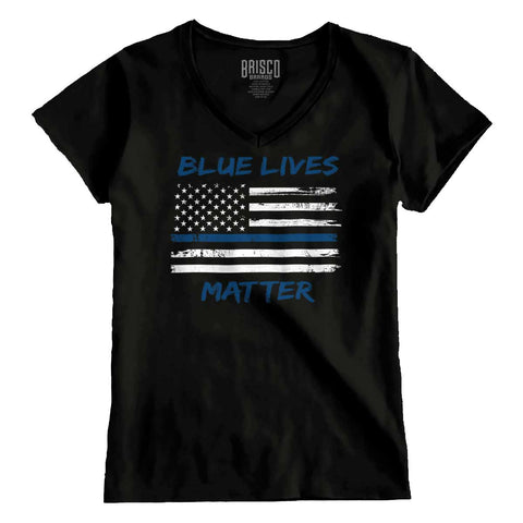 Black|Blue Lives Matter Horizontal Junior Fit V-Neck T-Shirt|Tactical Tees