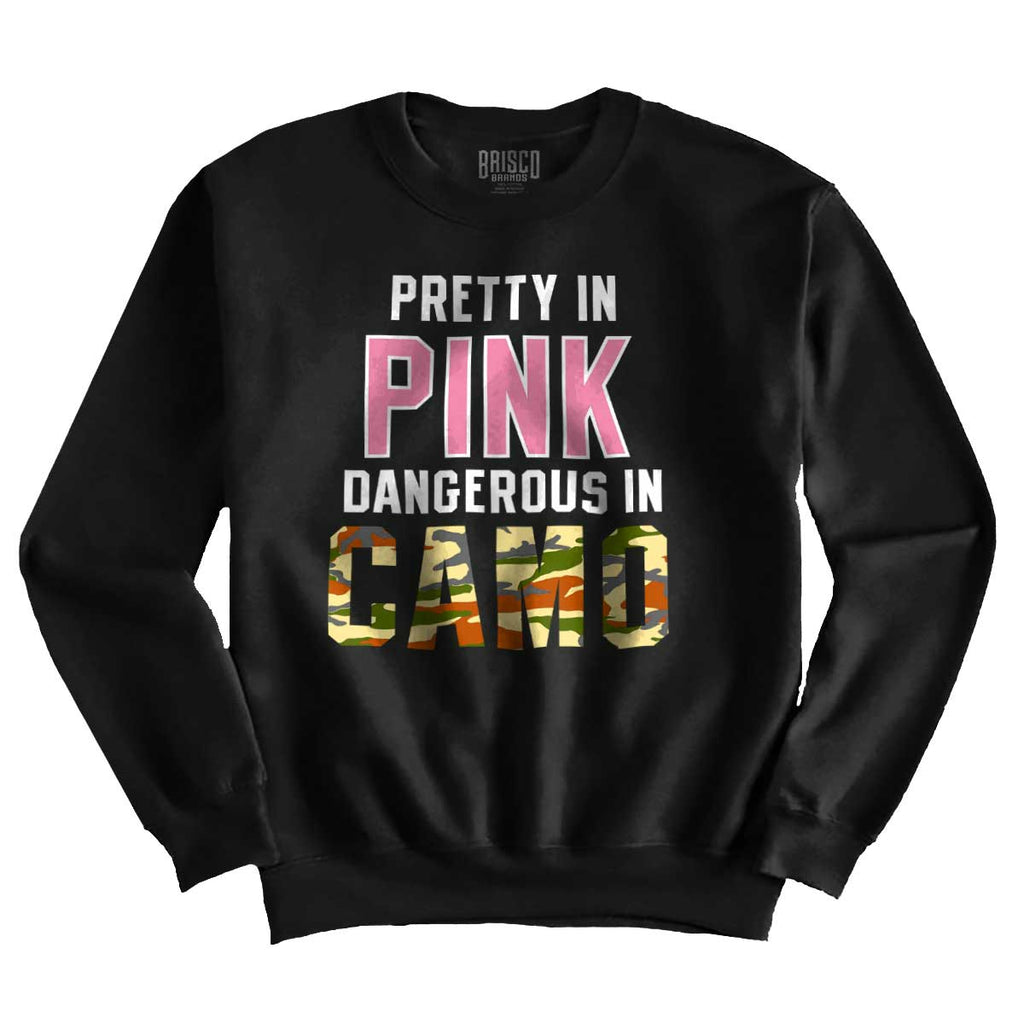 Black1|Pretty in Pink Dangerous in Camo Crewneck Sweatshirt|Tactical Tees