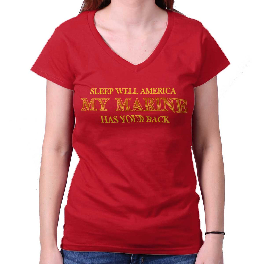 CherryRed|This Marine Has Your Back Junior Fit V-Neck T-Shirt|Tactical Tees