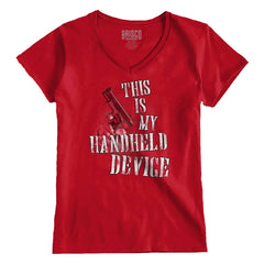 CherryRed1|Handheld Device Junior Fit V-Neck T-Shirt|Tactical Tees