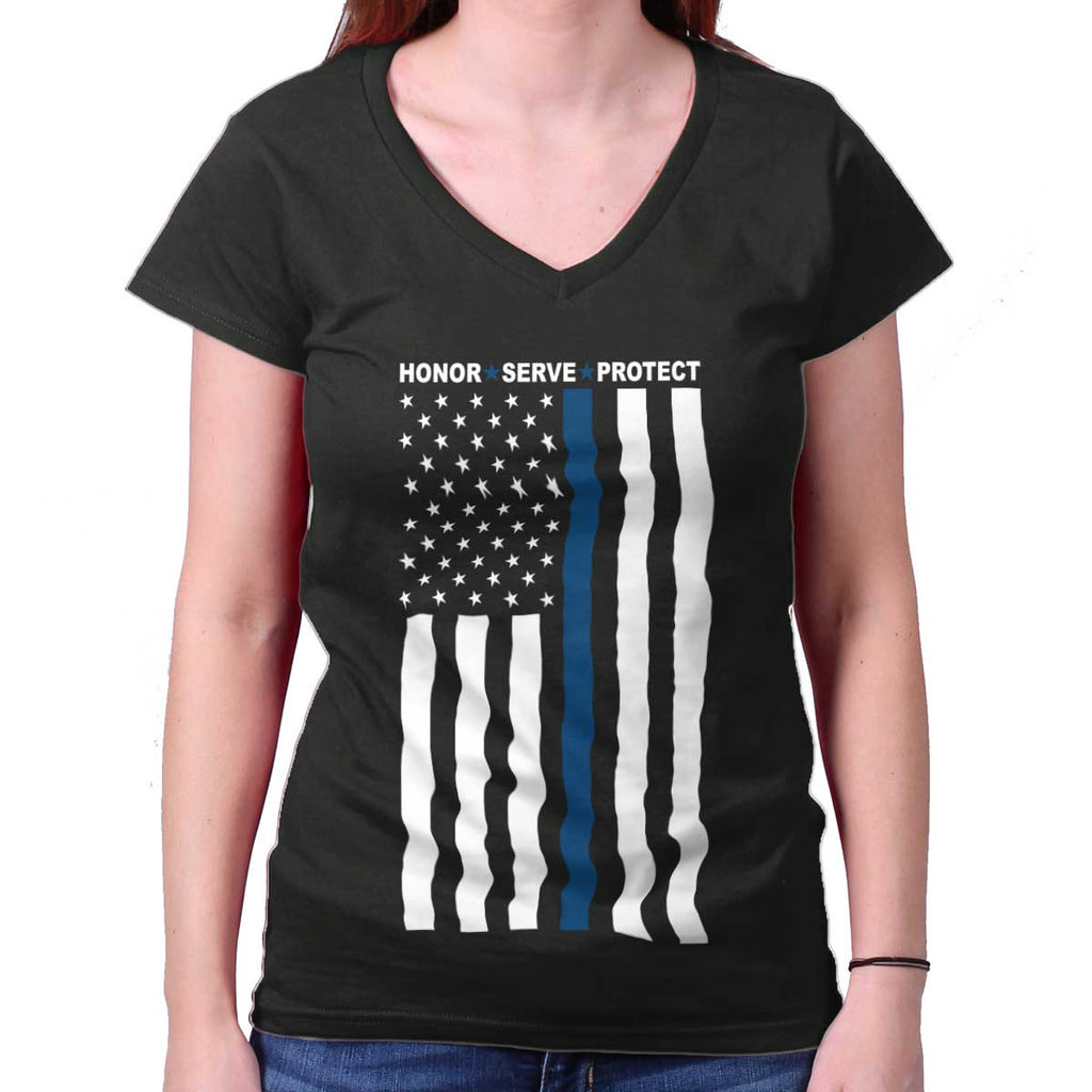 Black|Blue Lives Matter Vertical Junior Fit V-Neck T-Shirt|Tactical Tees