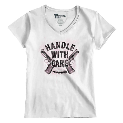 White|Handle With Care Junior Fit V-Neck T-Shirt|Tactical Tees
