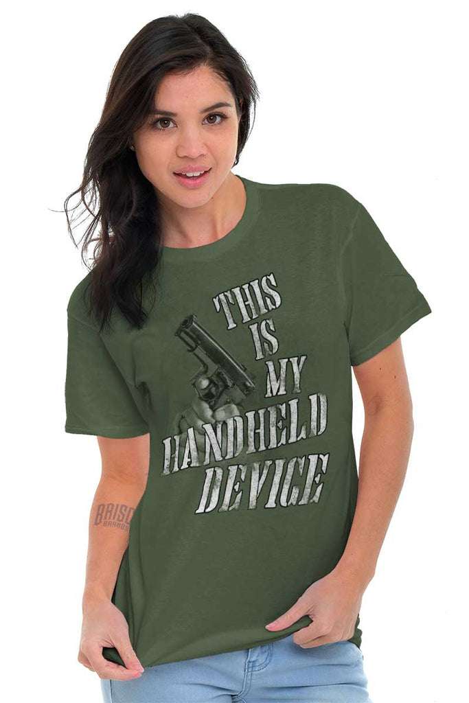 Female_MilitaryGreen2|Handheld Device T-Shirt|Tactical Tees