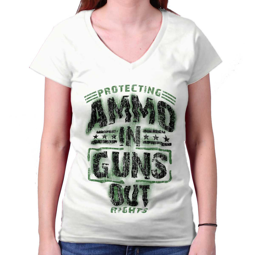 White|Ammo In Guns Out Protecting Rights Junior Fit V-Neck T-Shirt|Tactical Tees