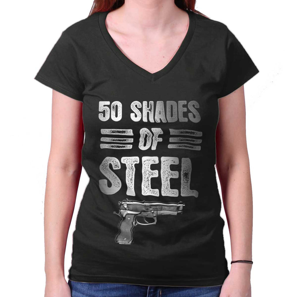 Black|50 Shades of Steel Junior Fit V-Neck T-Shirt|Tactical Tees