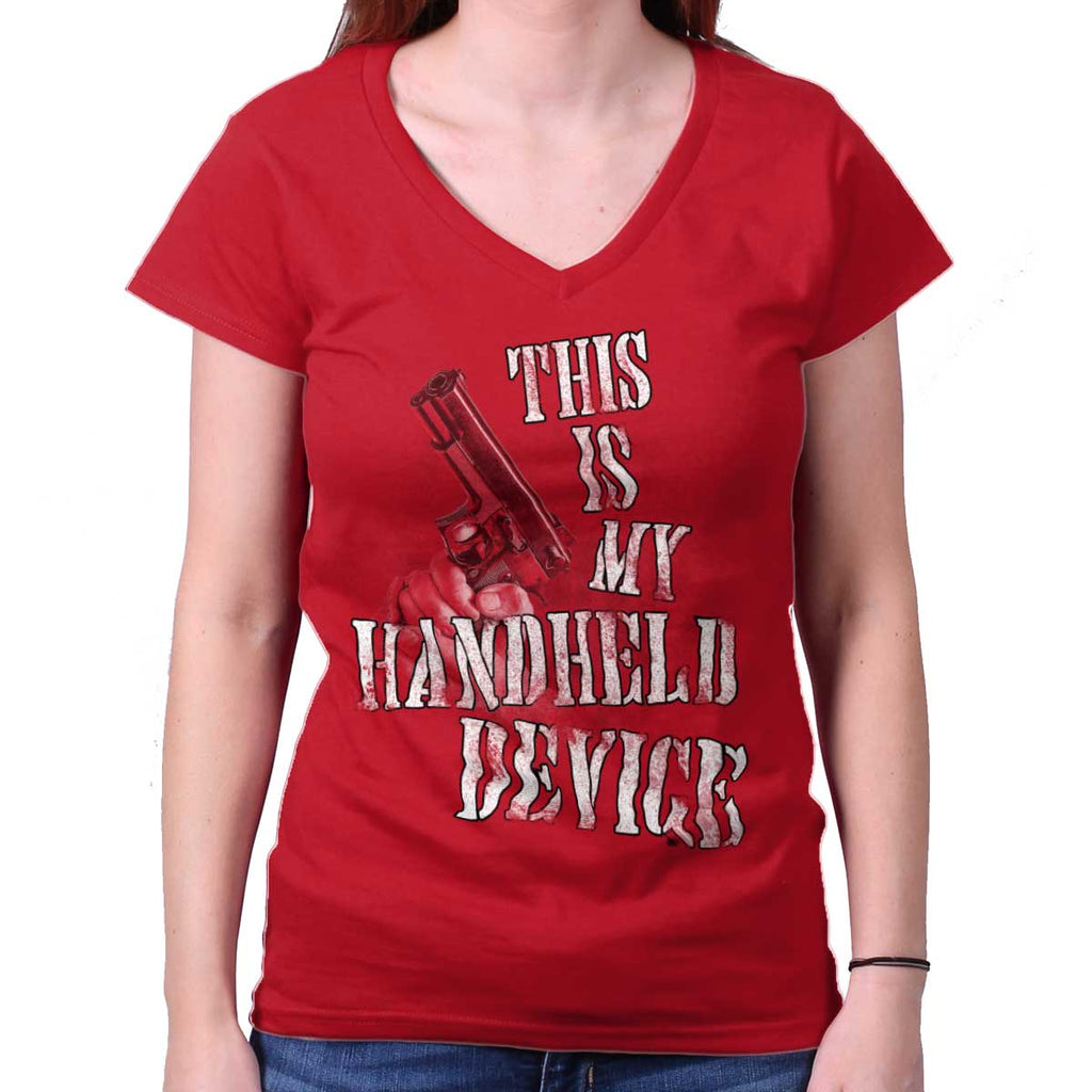 CherryRed|Handheld Device Junior Fit V-Neck T-Shirt|Tactical Tees
