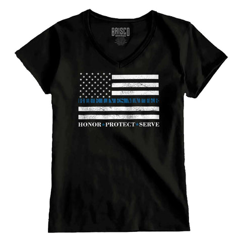 Black|Blue Lives Matter Honor Junior Fit V-Neck T-Shirt|Tactical Tees