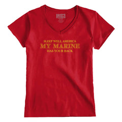 CherryRed1|This Marine Has Your Back Junior Fit V-Neck T-Shirt|Tactical Tees
