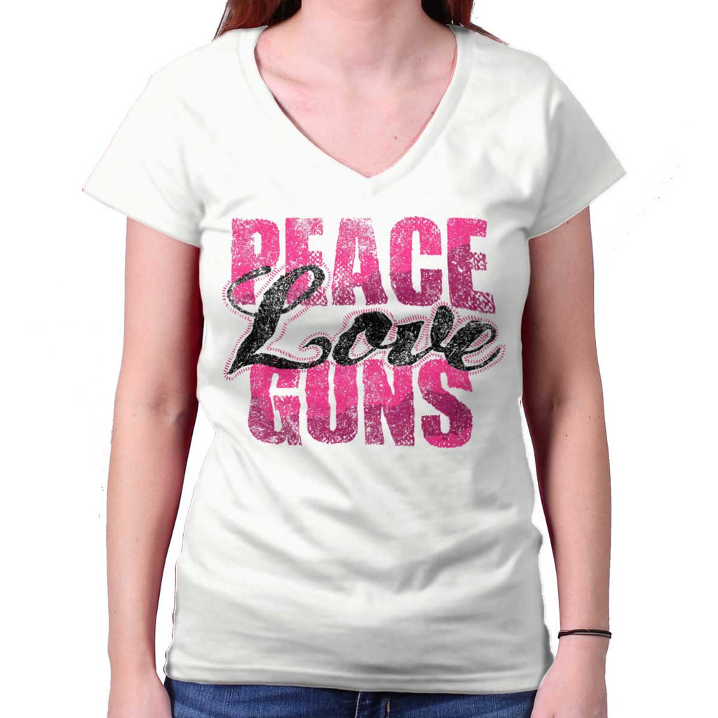White|Peace Love Guns Junior Fit V-Neck T-Shirt|Tactical Tees