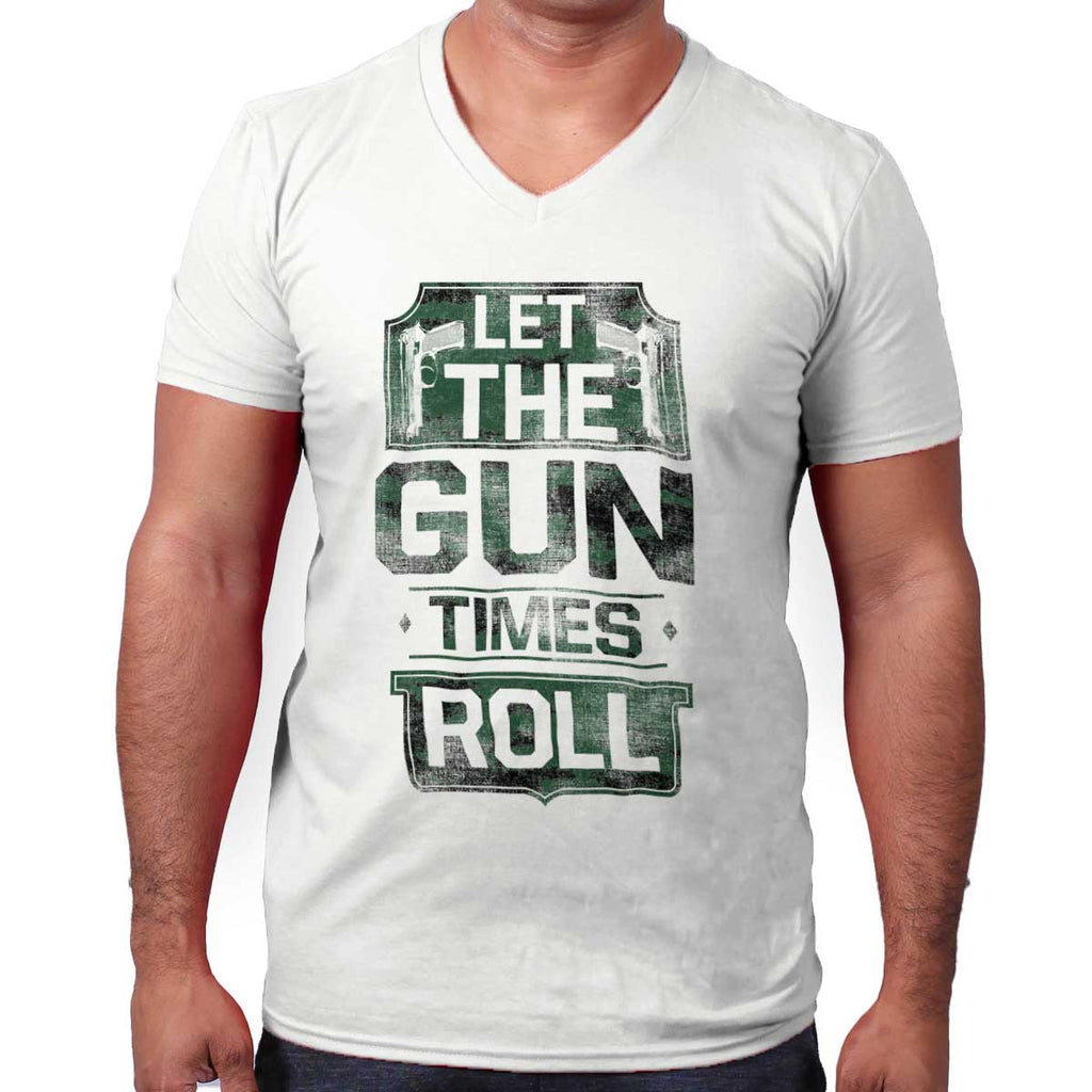 White|Let The Gun Times Roll V-Neck T-Shirt|Tactical Tees