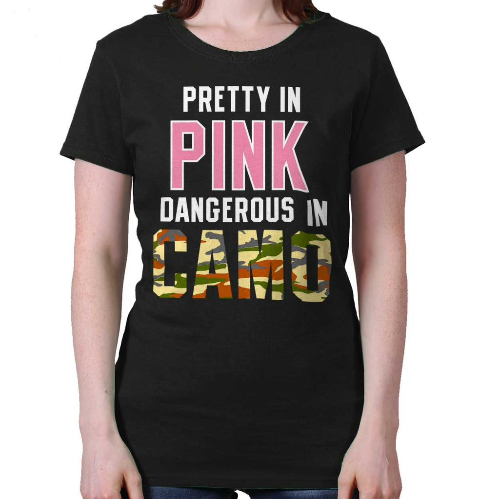 Black|Pretty in Pink Dangerous in Camo Ladies T-Shirt|Tactical Tees
