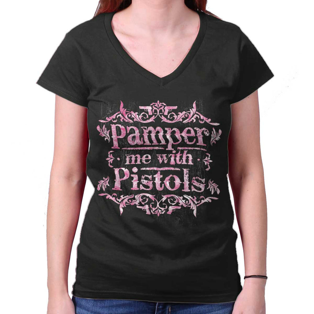 Black|Pamper Me With Pistols Junior Fit V-Neck T-Shirt|Tactical Tees