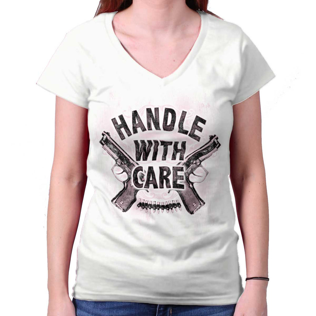 White|Handle With Care Junior Fit V-Neck T-Shirt|Tactical Tees