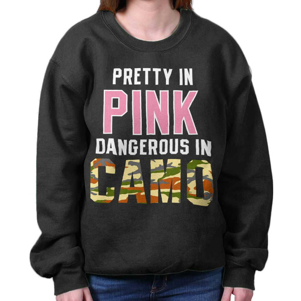 Black|Pretty in Pink Dangerous in Camo Crewneck Sweatshirt|Tactical Tees