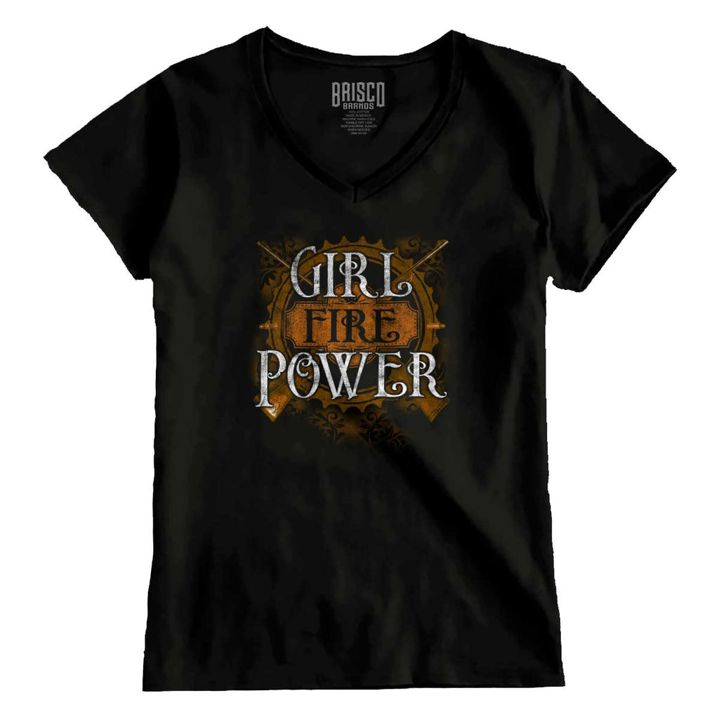 Black1|Girl Fire Power Junior Fit V-Neck T-Shirt|Tactical Tees